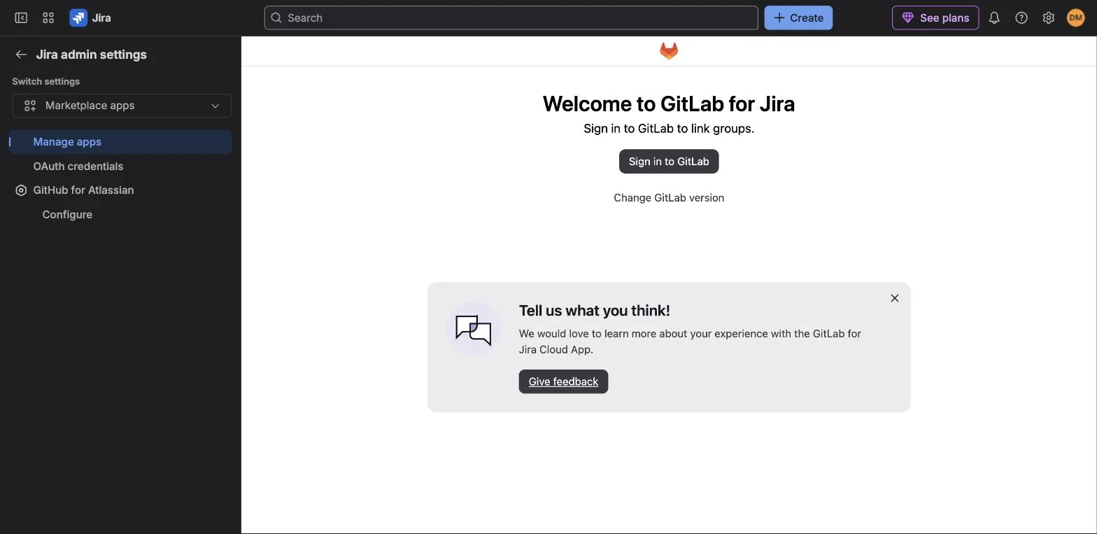 Jira admin settings showing the GitLab for Jira app: Welcome to GitLab for Jira, Sign in to GitLab to link groups, with a Sign in to GitLab button.