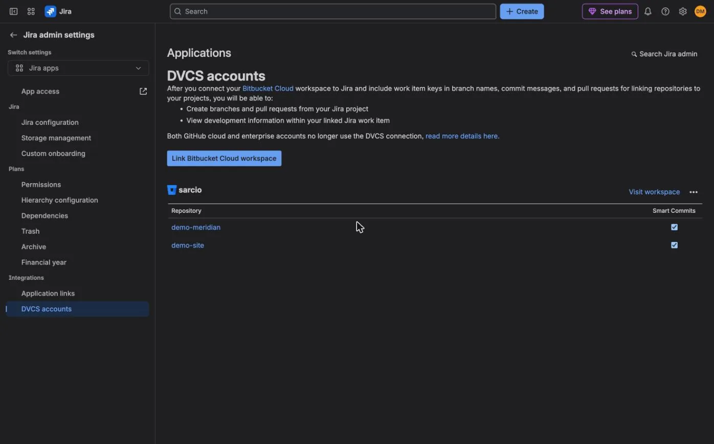 Jira admin settings, DVCS accounts: the sarcio Bitbucket workspace linked, listing repositories demo-meridian and demo-site, each with Smart Commits checked.