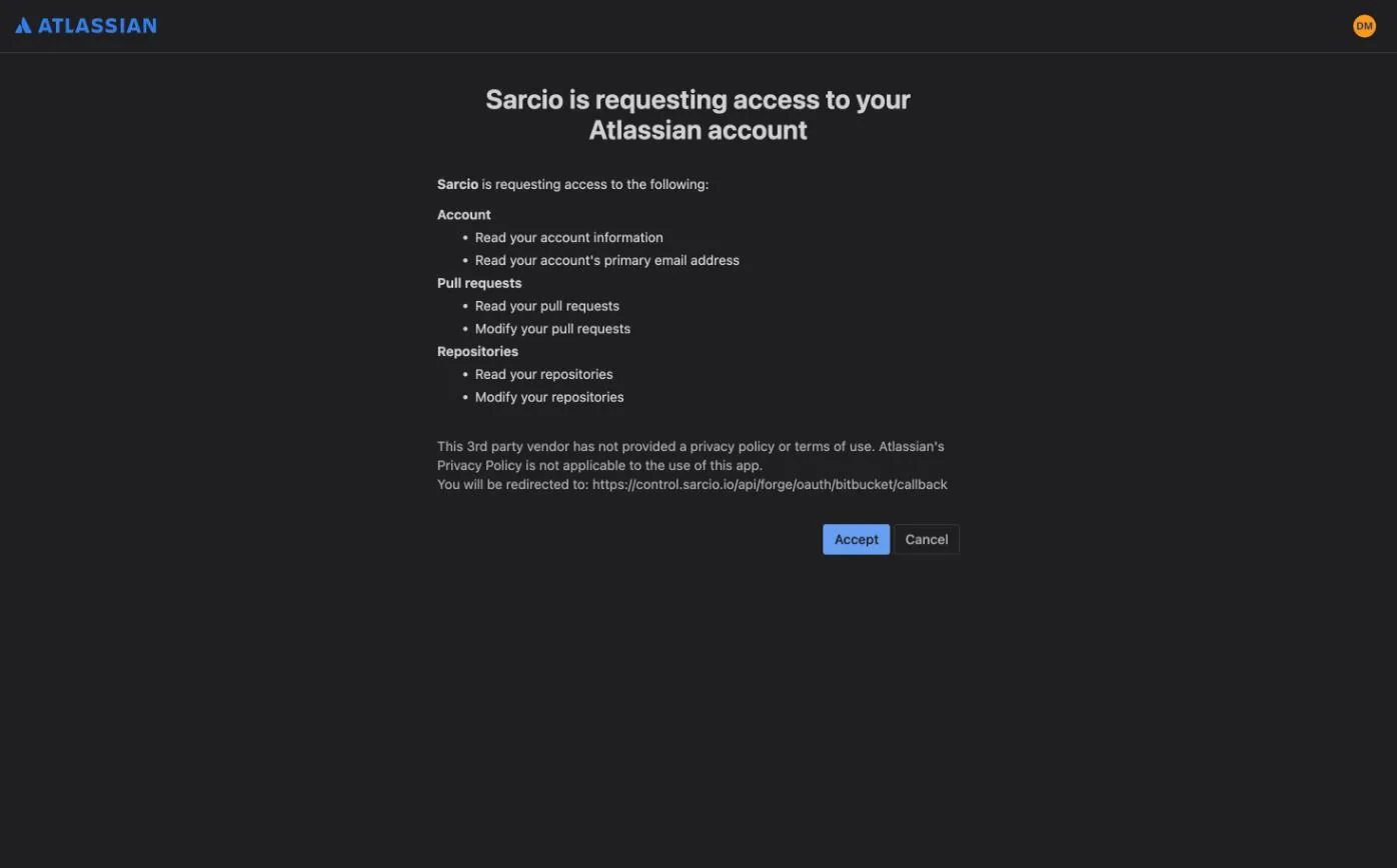Atlassian consent screen: Sarcio is requesting access to your Atlassian account, listing Account (read account information and primary email), Pull requests (read, modify) and Repositories (read, modify), with Accept and Cancel buttons.