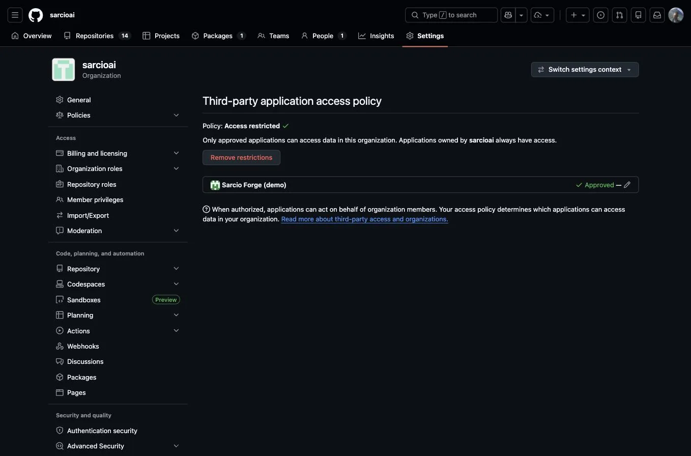A GitHub organization's Third-party application access policy page: policy Access restricted, with the Sarcio Forge app marked Approved.