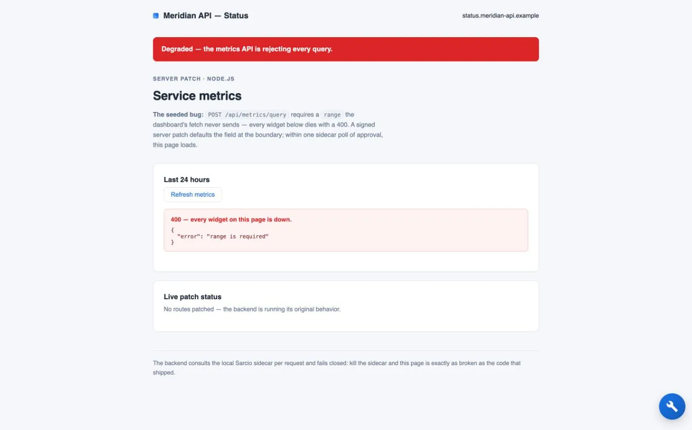 The Meridian API status page with a red Degraded banner and a 400 error reading "range is required" where the metrics should be. The live patch status says no routes are patched.