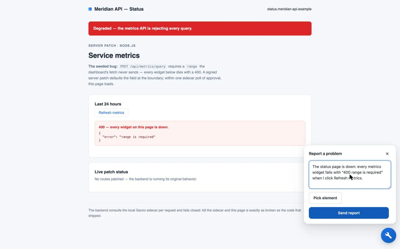 The Meridian status page with the Report a problem panel open, containing the description "The status page is down: every metrics widget fails with 400 range is required when I click Refresh metrics", a Pick element button and a Send report button.