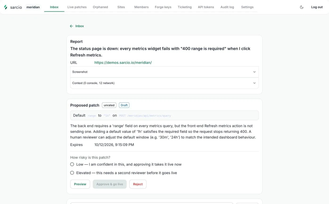 The Meridian report page: the report, then a Proposed patch marked unrated and Draft reading Default range to "1h" on POST /meridian/api/metrics/query, an explanation, an expiry date, the question How risky is this patch? with Low and Elevated options, and Preview, Approve and go live, and Reject buttons.