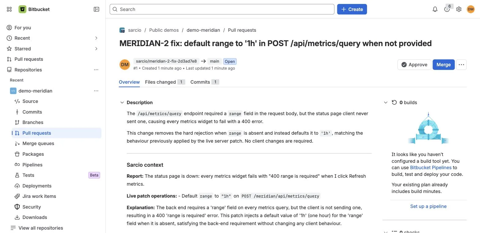 A Bitbucket pull request titled "MERIDIAN-2 fix: default range to 1h in POST /api/metrics/query when not provided", open from branch sarcio/meridian-2-fix-2d3ad7e8 into main.