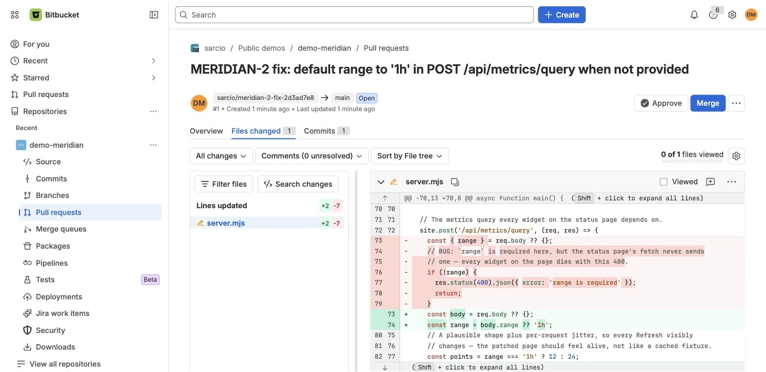 The Files changed tab: server.mjs drops the 400 "range is required" branch and defaults range to 1h.
