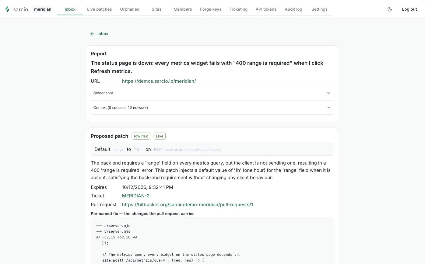 The Meridian report page with the live low-risk patch, a Ticket row linking MERIDIAN-2, a Pull request row linking the Bitbucket pull request, and the start of the permanent-fix diff to server.mjs.