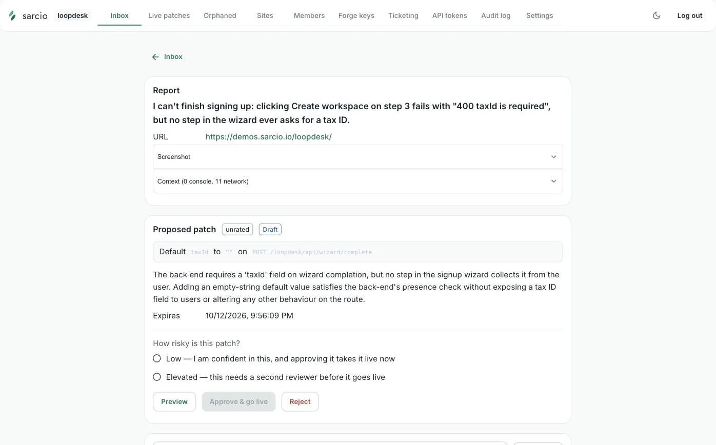 The Loopdesk report page with an unrated draft reading Default taxId to "" on POST /loopdesk/api/wizard/complete.
