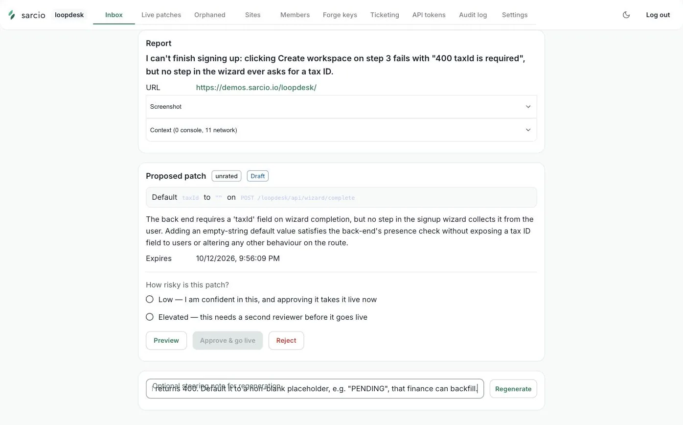 The same report page with a steering note typed into the Optional steering note for regeneration field, ending with "Default it to a non-blank placeholder, e.g. PENDING, that finance can backfill", next to the Regenerate button.