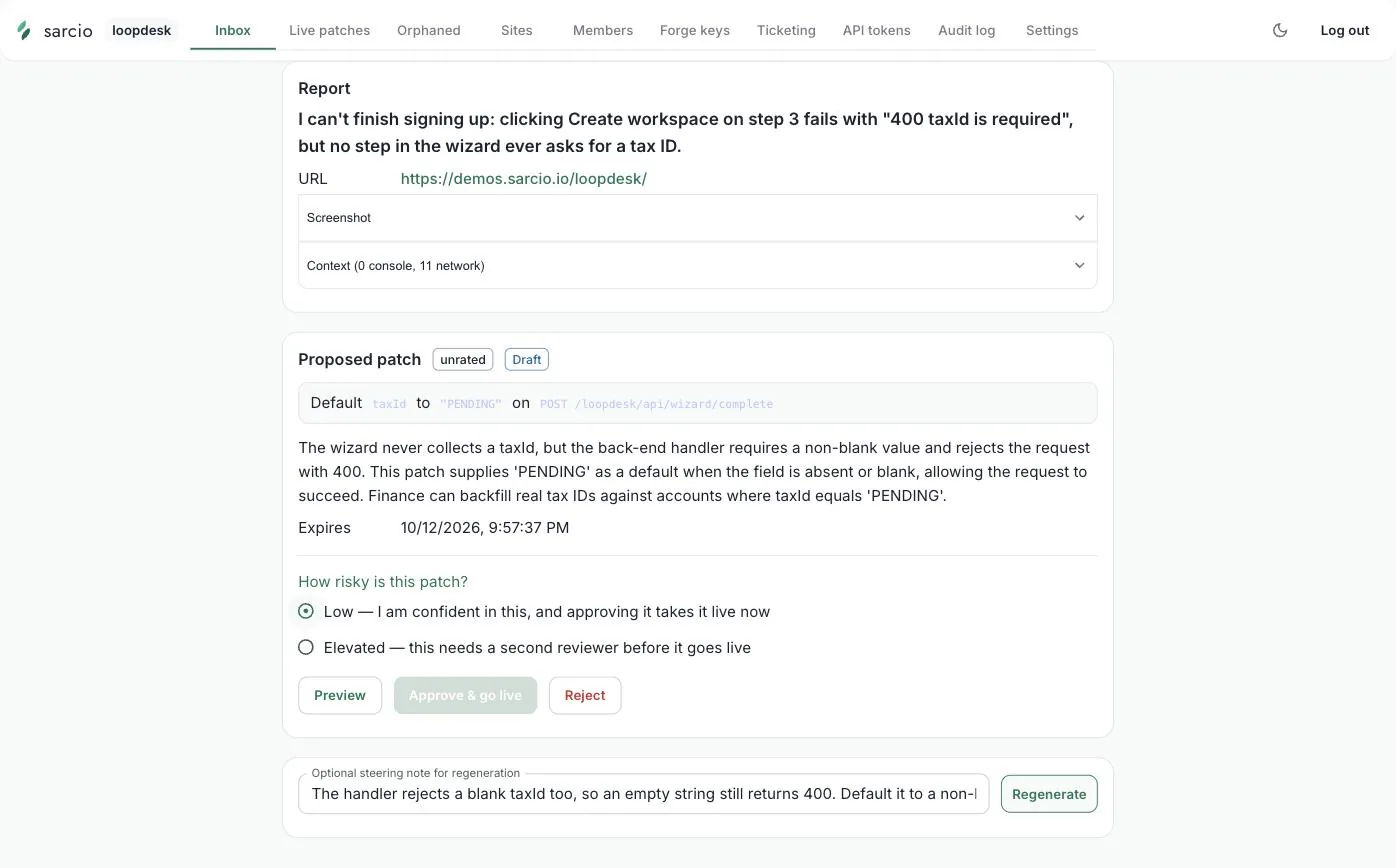 The regenerated draft reading Default taxId to "PENDING" on POST /loopdesk/api/wizard/complete, with an updated explanation and the Low risk option selected.