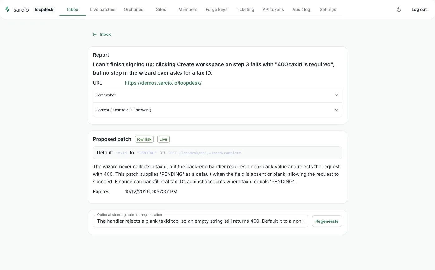 The Loopdesk report page after approval: the proposed patch is marked low risk and Live.