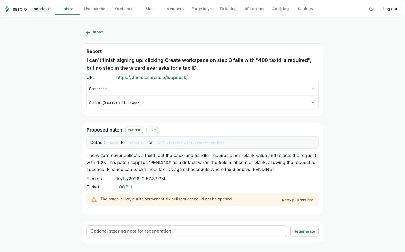 The Loopdesk report page with a live low-risk patch, ticket LOOP-1, and a warning that the patch is live but its permanent-fix pull request could not be opened, with a Retry pull request button.