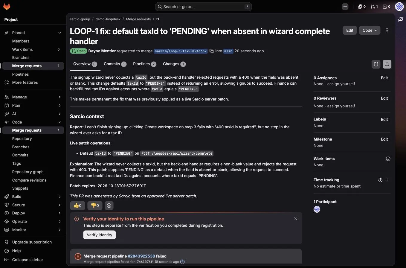 A GitLab merge request titled "LOOP-1 fix: default taxId to PENDING when absent in wizard complete handler", from branch sarcio/loop-1-fix-8a94d637 into main, with a Sarcio context section.