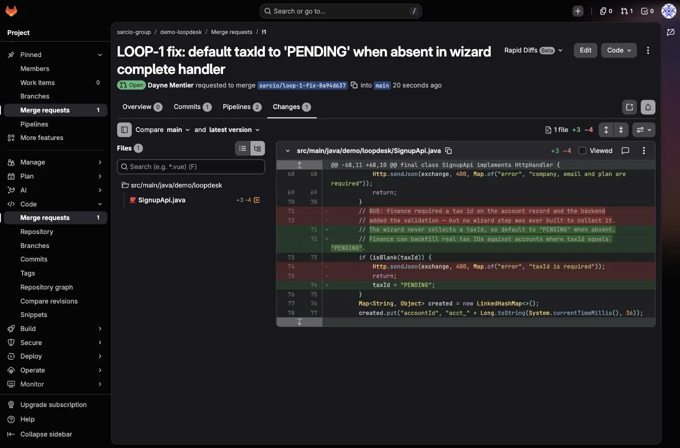 The Changes tab of the merge request: SignupApi.java stops returning 400 for a blank taxId and defaults it to PENDING.