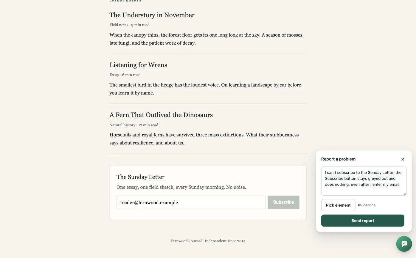 The Fernwood Journal newsletter form with a greyed-out Subscribe button, and the report panel showing the description plus the picked element #subscribe next to the Pick element button.