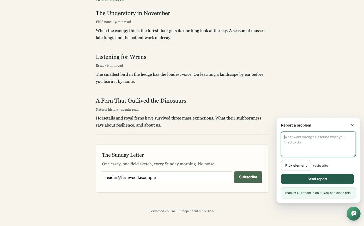 The Fernwood newsletter form with the email still typed in and the Subscribe button now enabled.