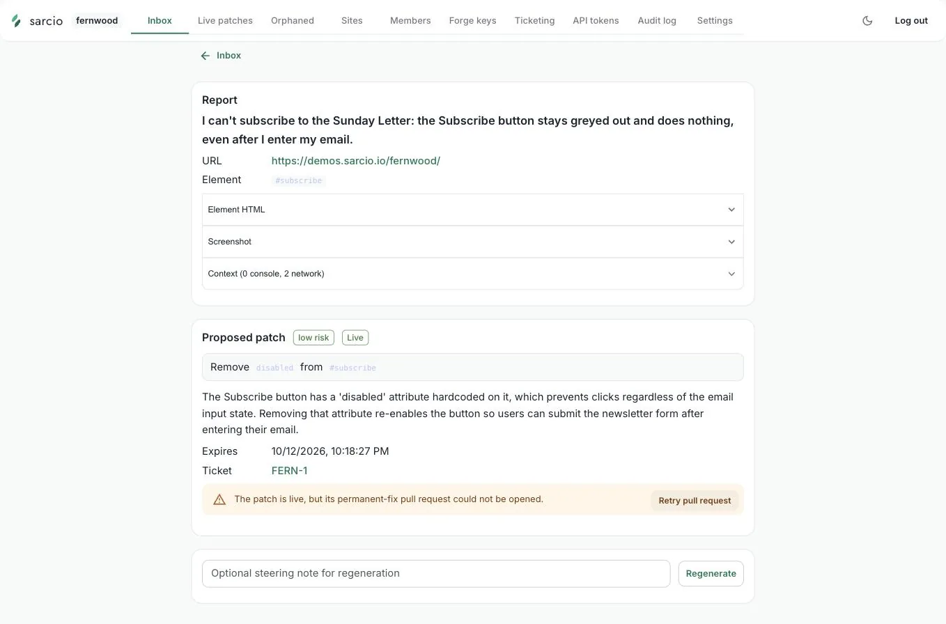 A live, low-risk DOM patch on the Fernwood report page with ticket FERN-1 and a warning: the patch is live, but its permanent-fix pull request could not be opened, with a Retry pull request button.