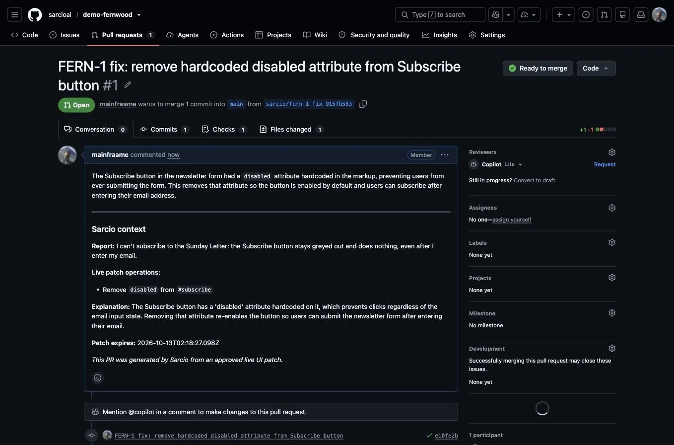 A GitHub pull request titled "FERN-1 fix: remove hardcoded disabled attribute from Subscribe button", from branch sarcio/fern-1-fix-915fb583 into main, with a Sarcio context section in its description.