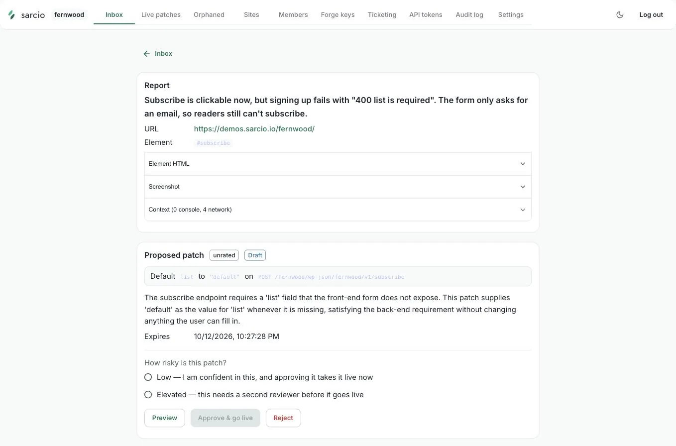 The Fernwood report page with an unrated draft reading Default list to "default" on POST /fernwood/wp-json/fernwood/v1/subscribe.