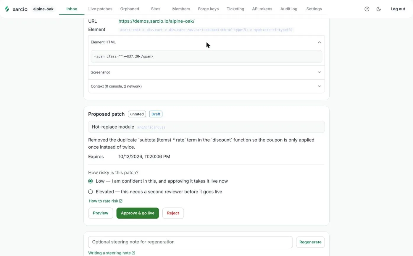 The report's Element HTML panel showing the picked span with the coupon amount