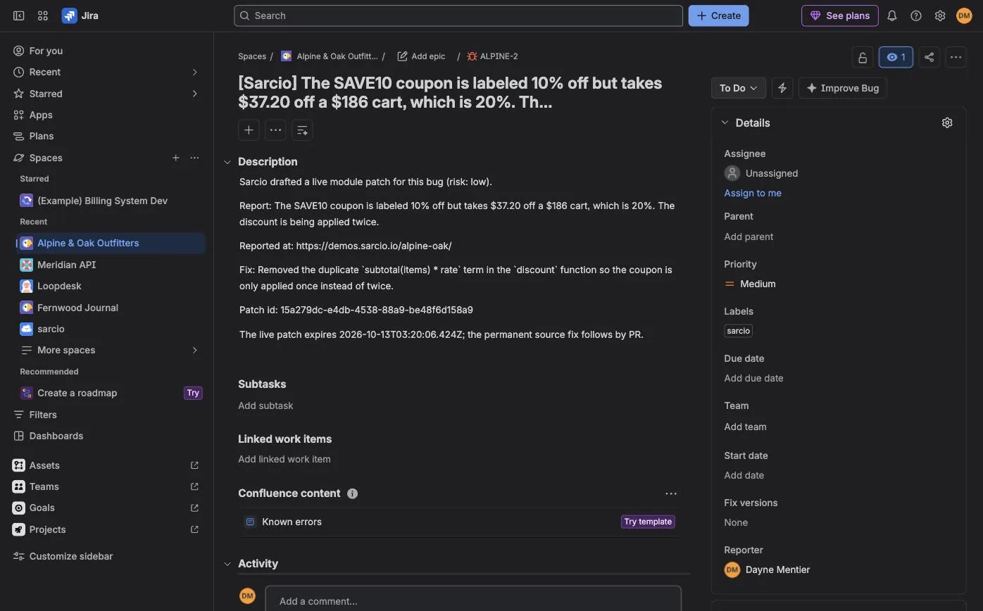 Jira Bug ALPINE-2 in the Alpine & Oak Outfitters space, titled "[Sarcio] The SAVE10 coupon is labeled 10% off but takes $37.20 off a $186 cart", with a description listing the report, where it was reported, the fix, the patch id and expiry, status To Do, and the label sarcio.