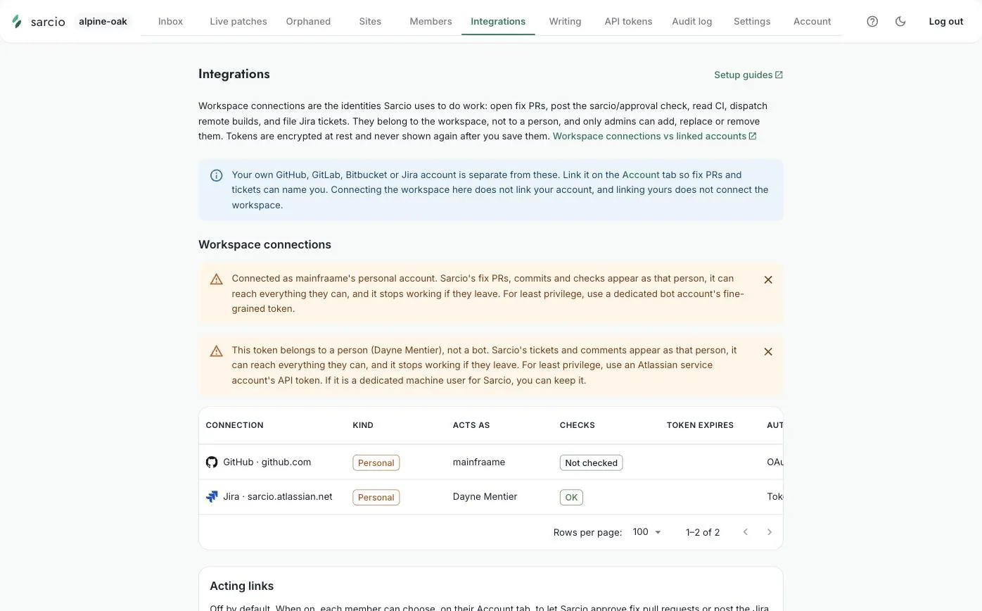 The Integrations tab for the alpine-oak workspace: a note that your own accounts are linked on the Account tab, warnings that the GitHub and Jira connections belong to people, and a table of workspace connections with Kind (Personal), Acts as, Checks and Token expires columns.