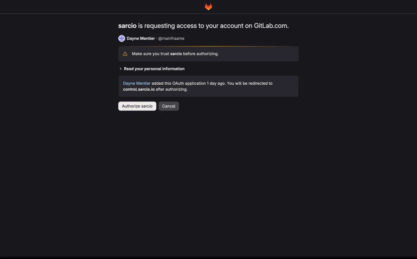 GitLab consent screen: sarcio is requesting access to your account on GitLab.com, a warning to make sure you trust sarcio, the single scope Read your personal information, a note that you will be redirected to control.sarcio.io, and Authorize sarcio and Cancel buttons.