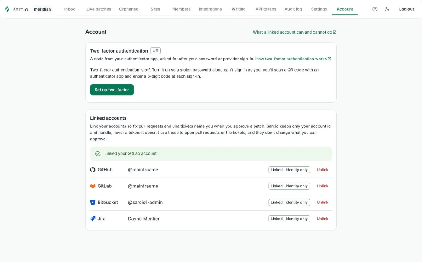 The dashboard Account tab with all four linked accounts, each marked Linked · identity only with an Unlink button: GitHub, GitLab and Bitbucket with the linked handle, and Jira with their Atlassian name.