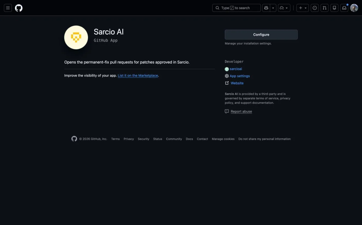 The public GitHub page for the Sarcio AI GitHub App: its description, Opens the permanent-fix pull requests for patches approved in Sarcio., developer sarcioai, and a Configure button.