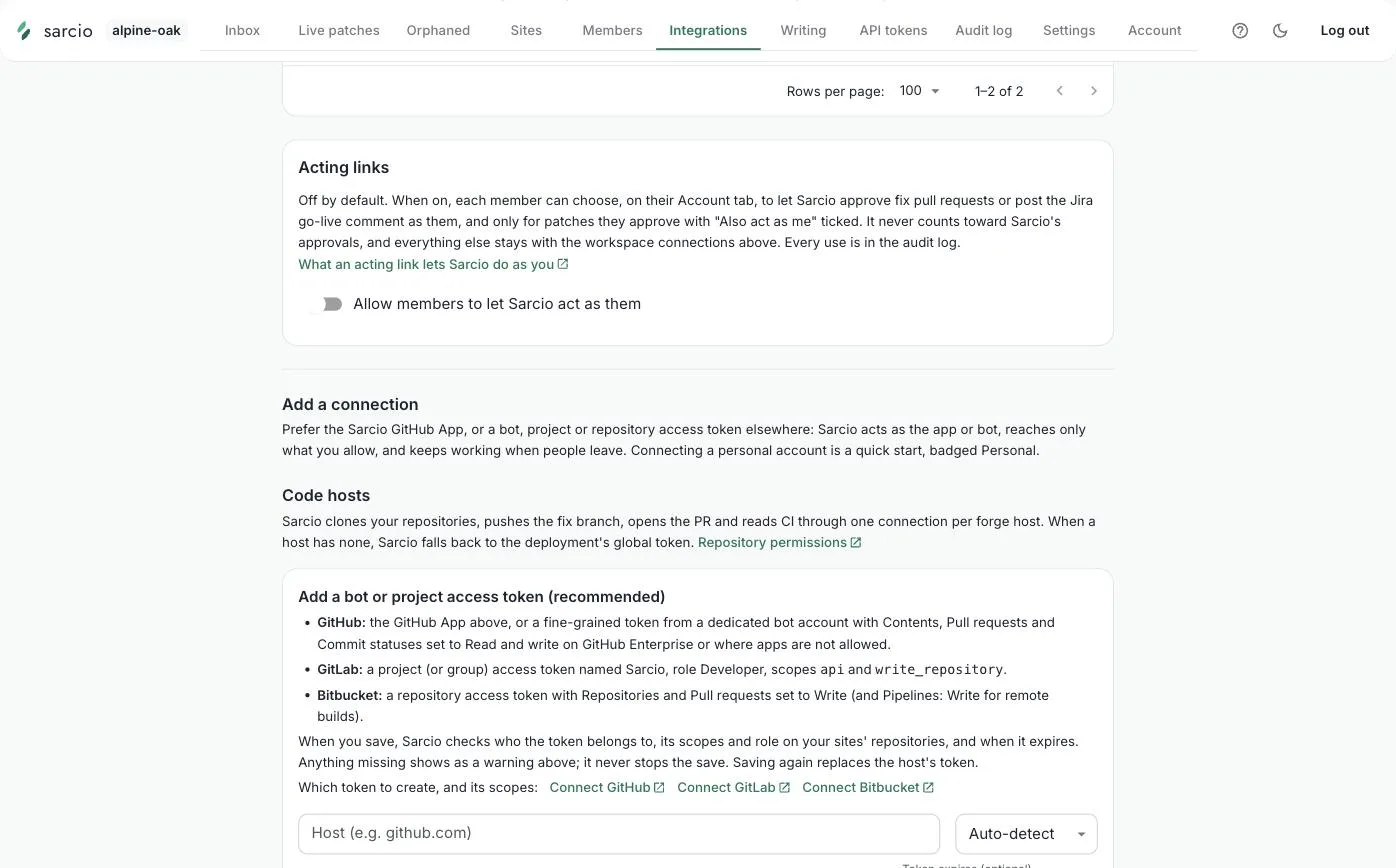 Lower on the Integrations tab: the Acting links card with its policy switch off, then Add a connection with the recommended bot or project access token card listing GitHub, GitLab and Bitbucket token scopes and a Host field.