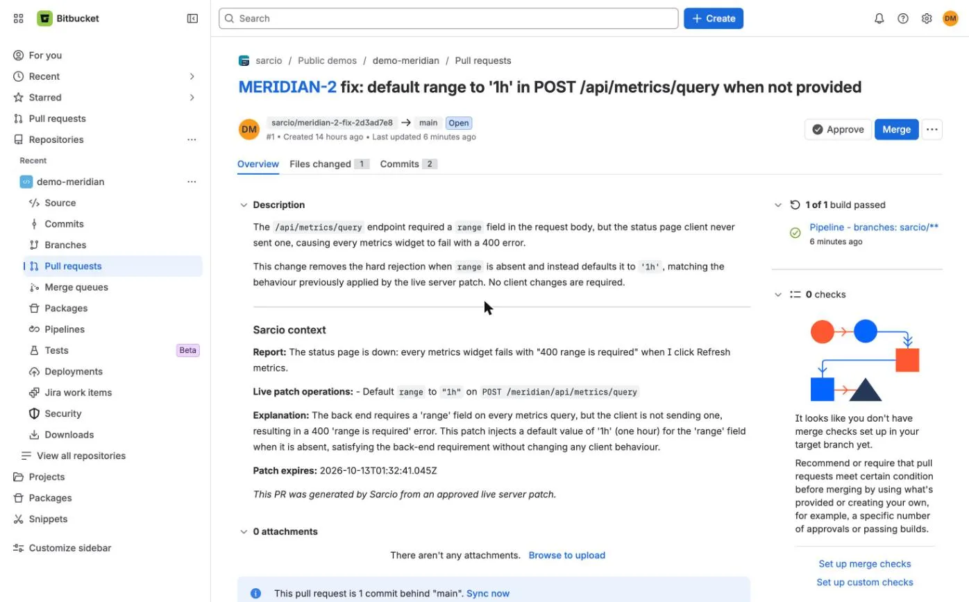 The Bitbucket pull request for MERIDIAN-2, whose sidebar reads 1 of 1 build passed.