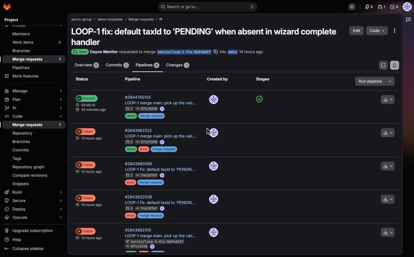 The Pipelines tab of merge request !1 for LOOP-1: the latest pipeline passed in 14 seconds, above older pipelines marked Failed.