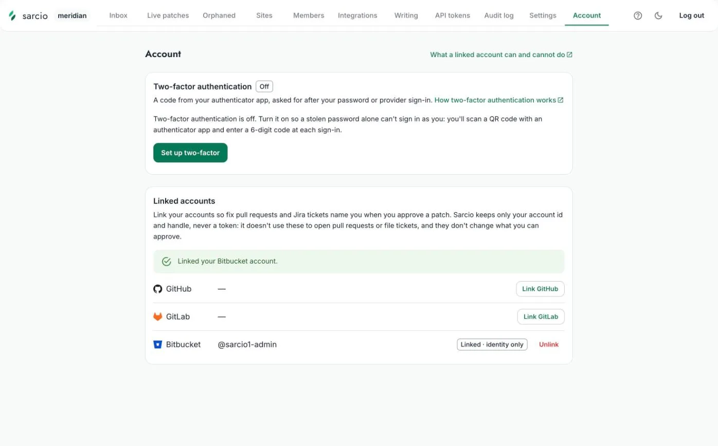 The Account tab after linking: a green Linked your Bitbucket account. alert, and the Bitbucket row showing the linked Bitbucket handle, a Linked · identity only chip and an Unlink button. GitHub and GitLab rows still offer Link buttons.