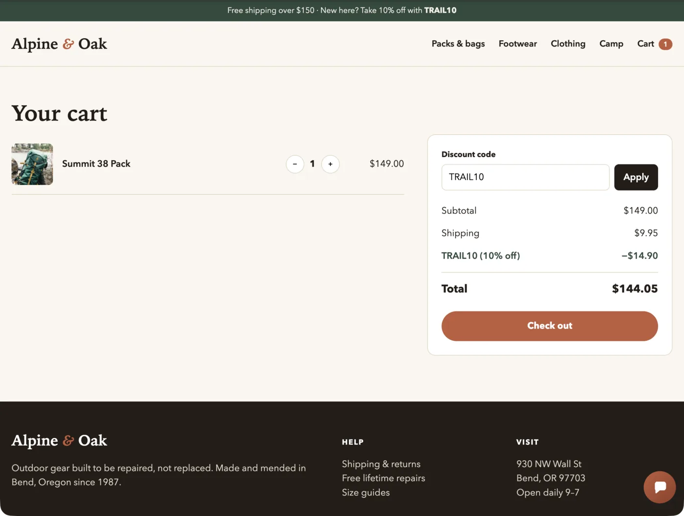 The Alpine & Oak cart after the module patch went live: TRAIL10 at minus $14.90 and a total of $144.05