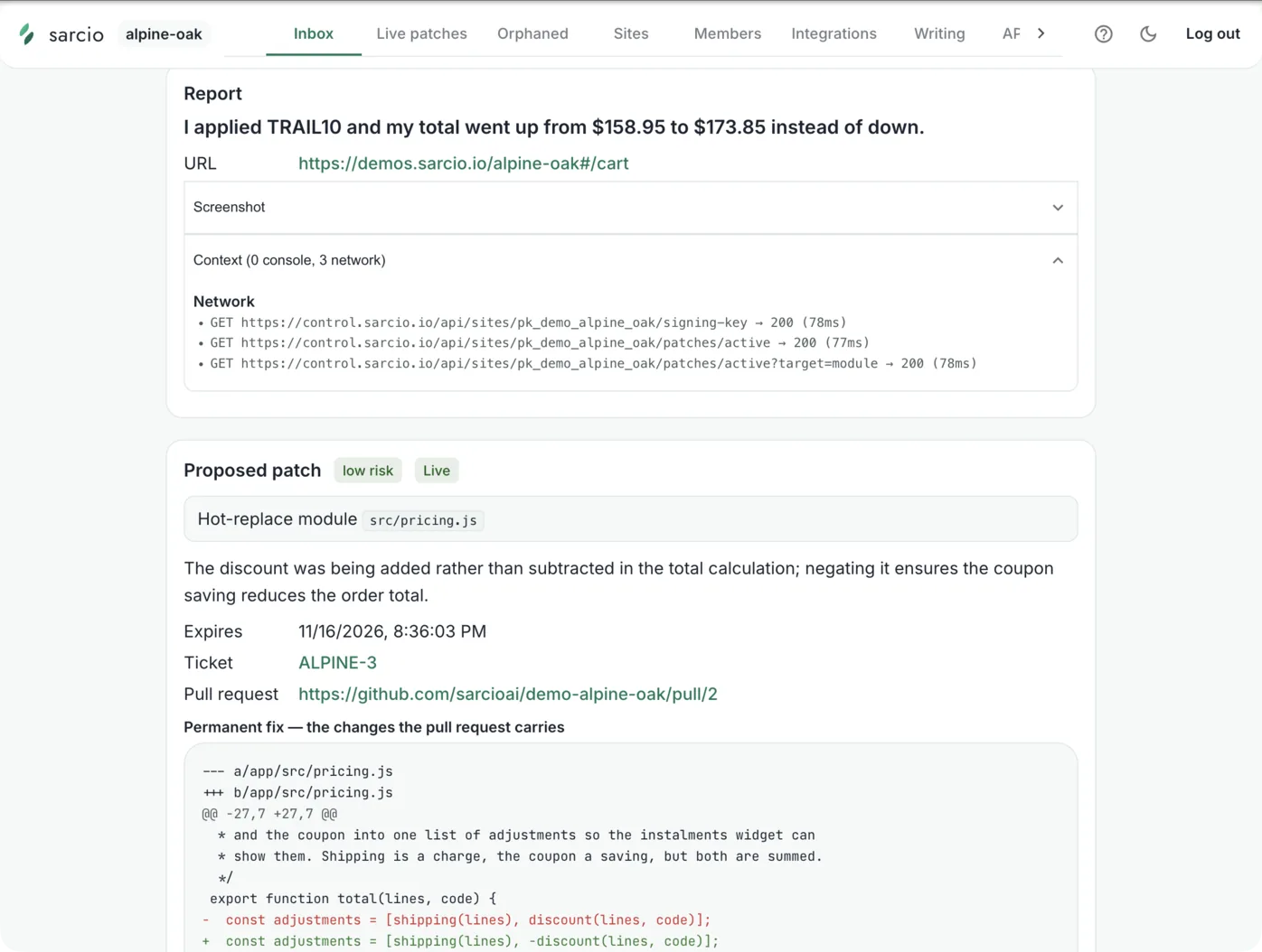 The report's Context panel listing the page's network calls with status and timing