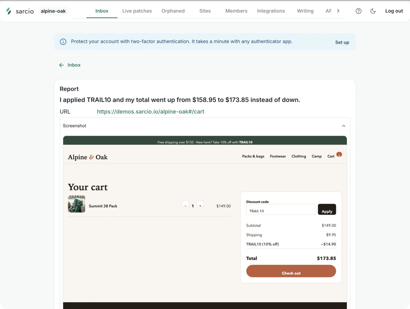 A Sarcio report with its Screenshot panel open, showing the Alpine & Oak cart exactly as the reporter saw it: TRAIL10 at minus $14.90, yet a total of $173.85